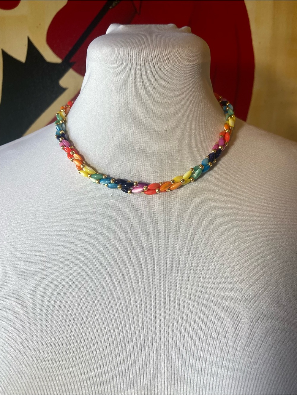 Vintage Rainbow Braided Bead Choker Necklace - Multicolor with Gold Accents